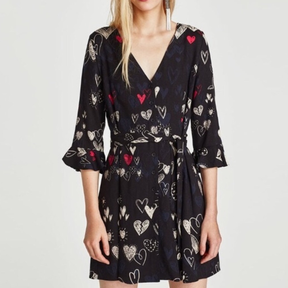 Zara Heart Print Dress Size Medium Tie Back